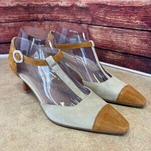 NWOB Hispanitas Gold & Cream Suede Pointed Toe T-Strap Heeled Shoe